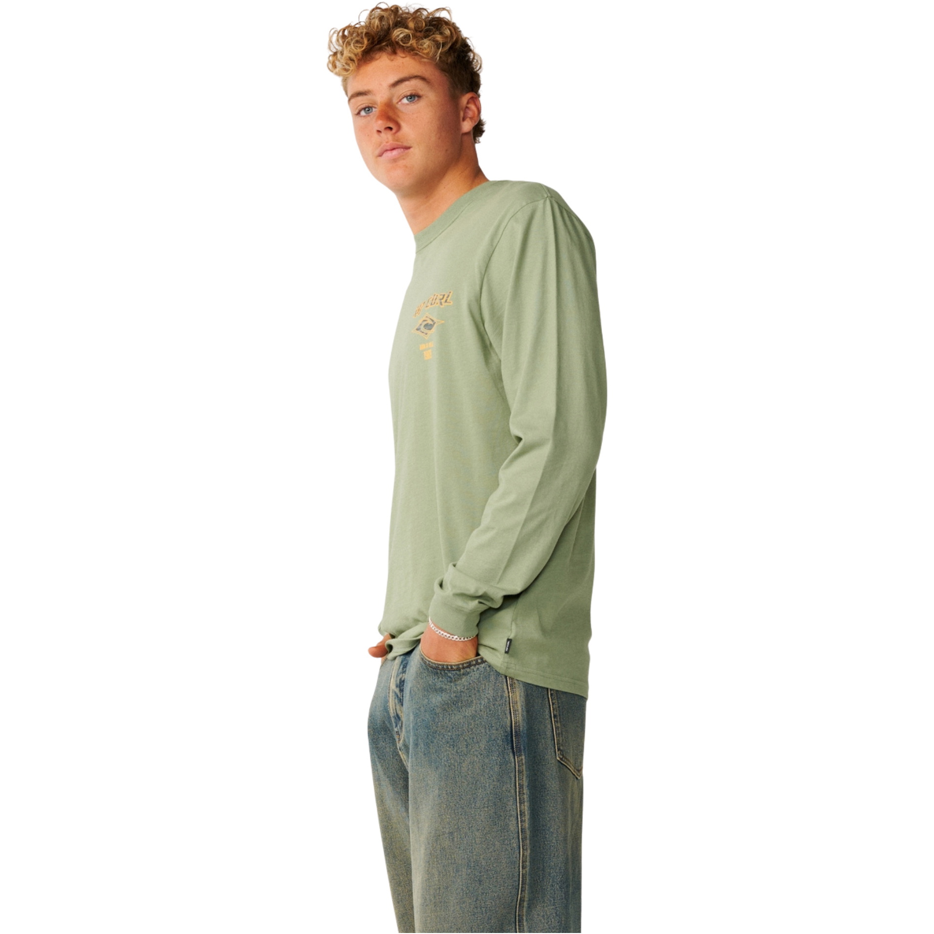 2026 Rip Curl Mens Fade Out Icon Long Sleeve T-Shirt 0BQMTE - Sage